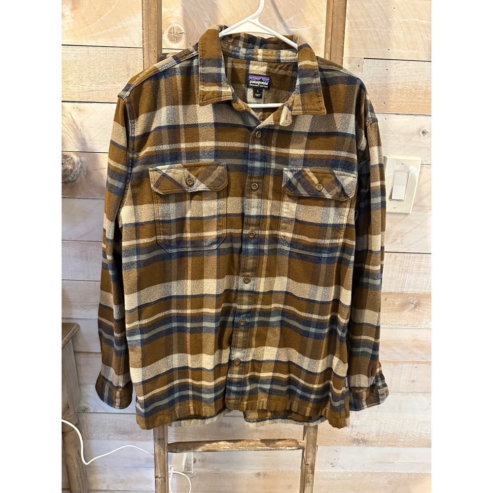 Patagonia Mens Fjord Flannel Shirt Brown Blue Plaid Organic Cotton Large